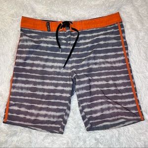 SOCIETY Of The Sun Men’s Orange Gray Striped Swim Board Shorts 36